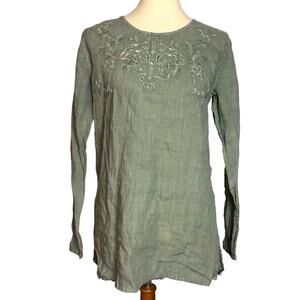 Carbon2Cobalt NWT Linen Floral Embroidered Vneck Sage Green Tunic Blouse Top XS